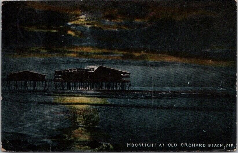 Vintage 1919 OLD ORCHARD BEACH, Maine Postcard CASINO / Pier - Moonlight Scene