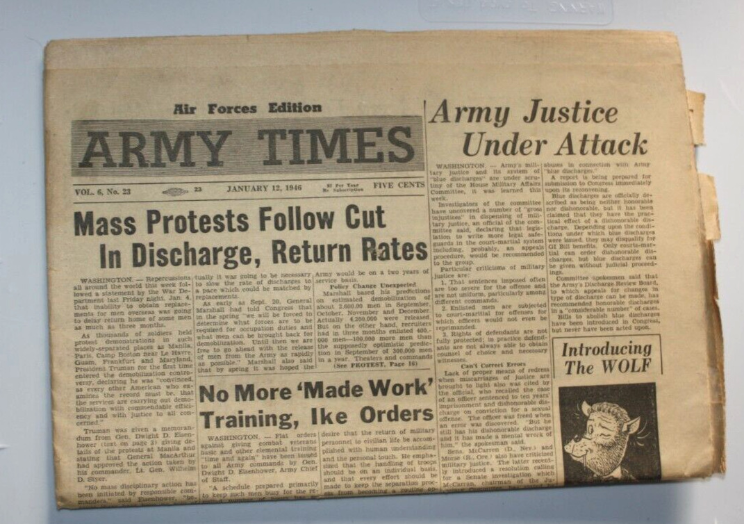 1/12/1946 Edition, Army Times, Unrest, Protests by Soldiers Waiting Discharge