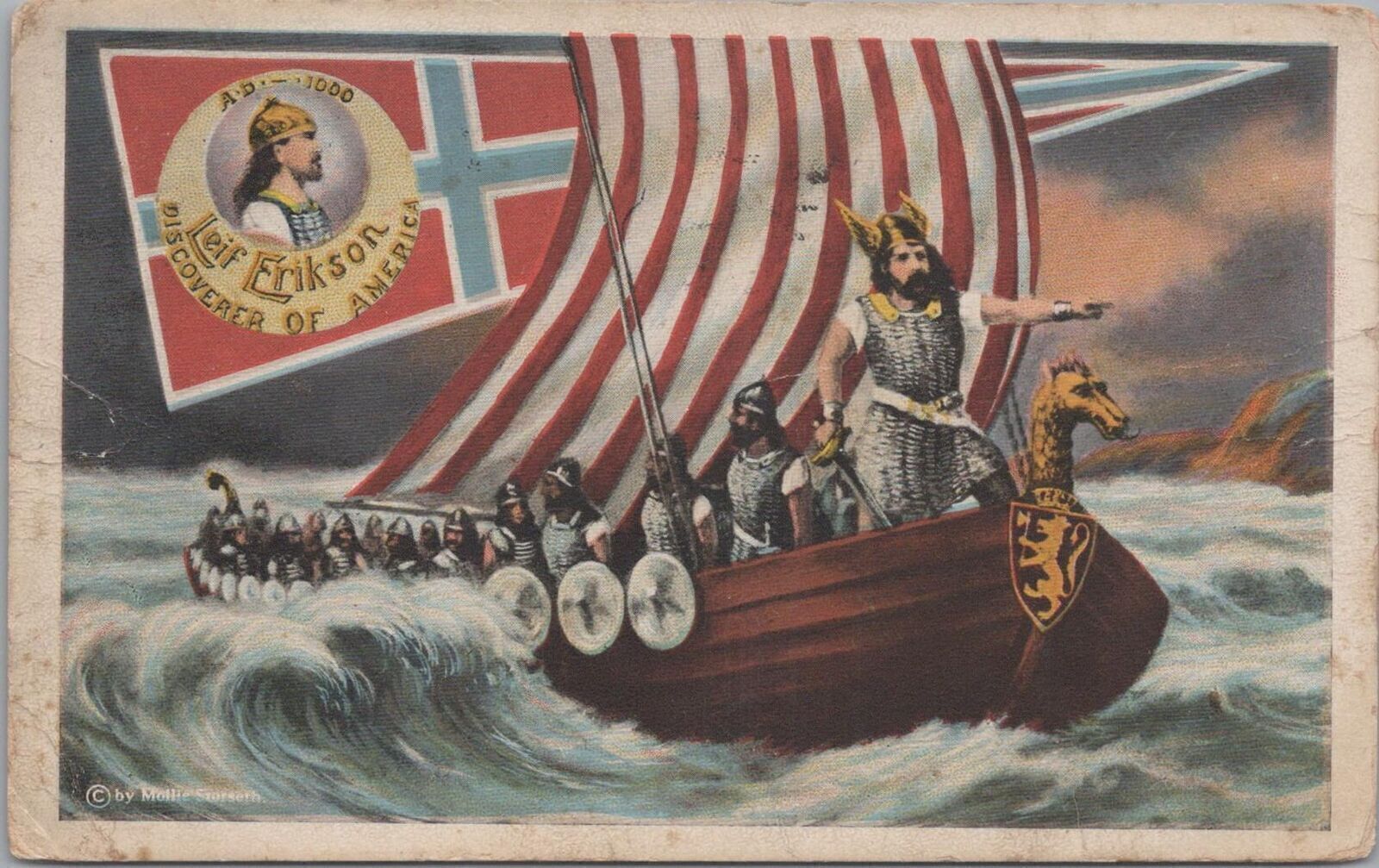 Postcard Leif Erikson Discoverer of America Vikings 