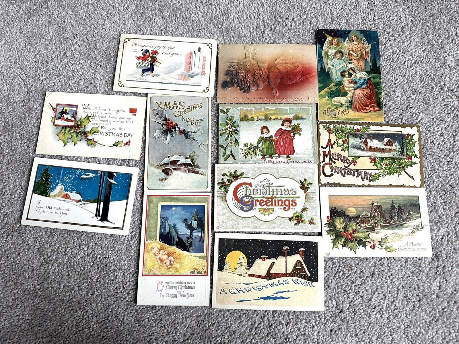Lot Of 12 Antique Vintage Christmas holiday Postcards Embossed Posted Unposted