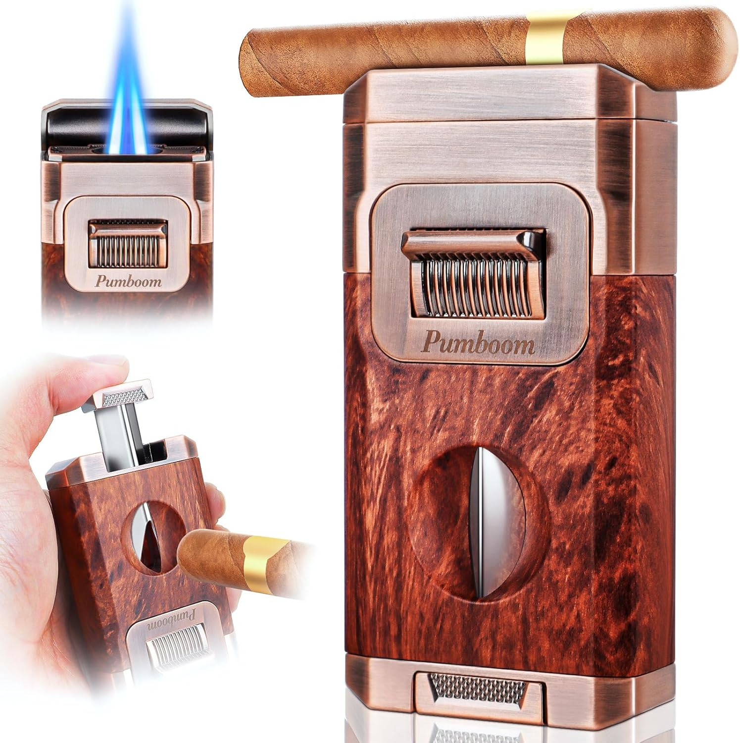 All-In-One Torch Cigar Lighter with Built-In Cigar Cutter V Cut, Cigar Holder,