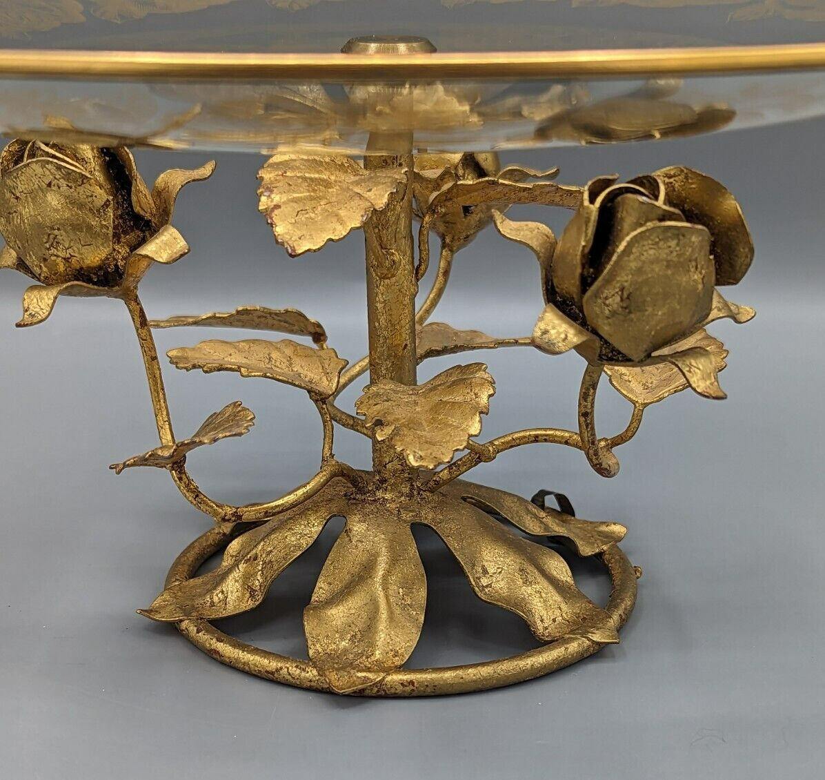 Vtg Hollywood Regency Glass Serving Plate Gold Gilt Made In Italy 1950s Roses