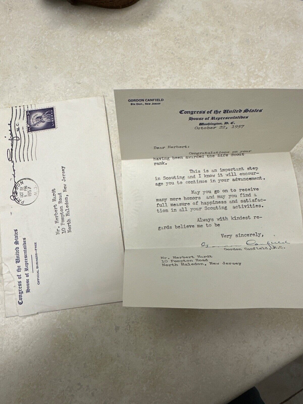 1957 Letter to Life Scout from Congressman Gordon Canfield - New Jersey