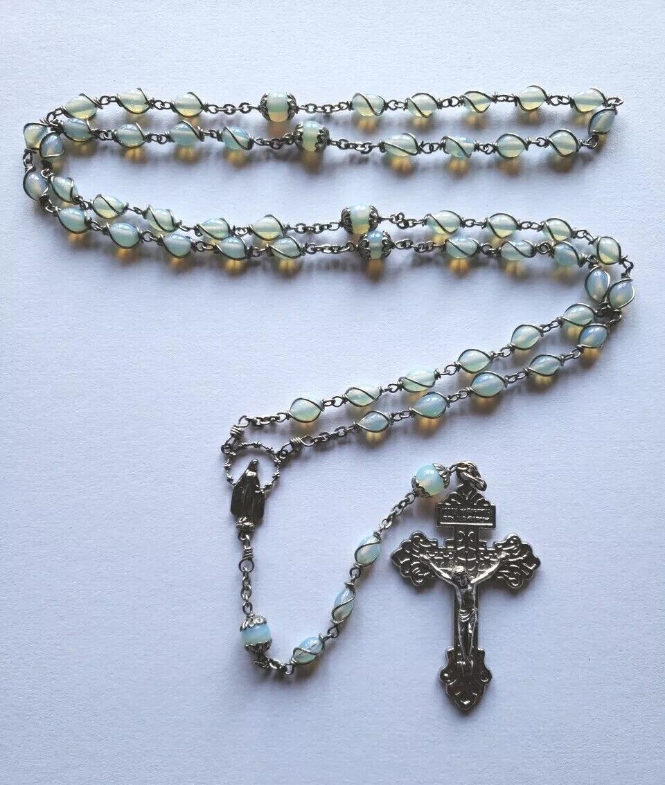 Vtg Blue Glass Beads Rosary Wire Wrapped Mary Miraculous Medal Pardon Crucifix 