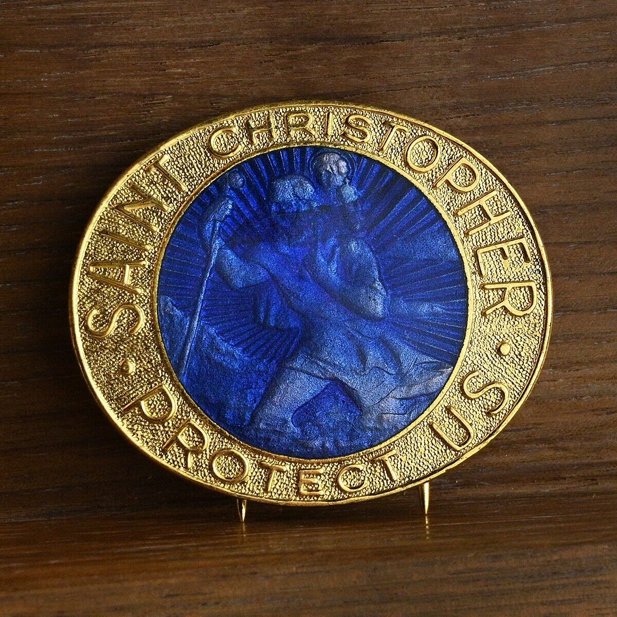 VTG St Christopher Medal Blue Enamel w Gold Color Metal Pin Back for Autos