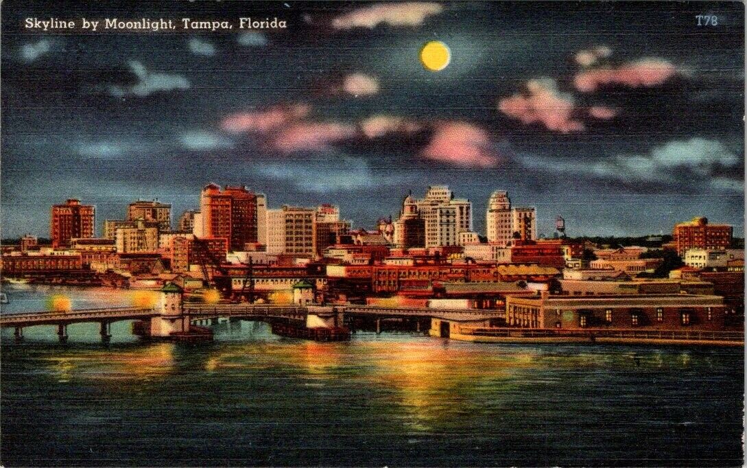 Vintage postcard - Skyline by Moonlight, Tampa, Florida posted 1955