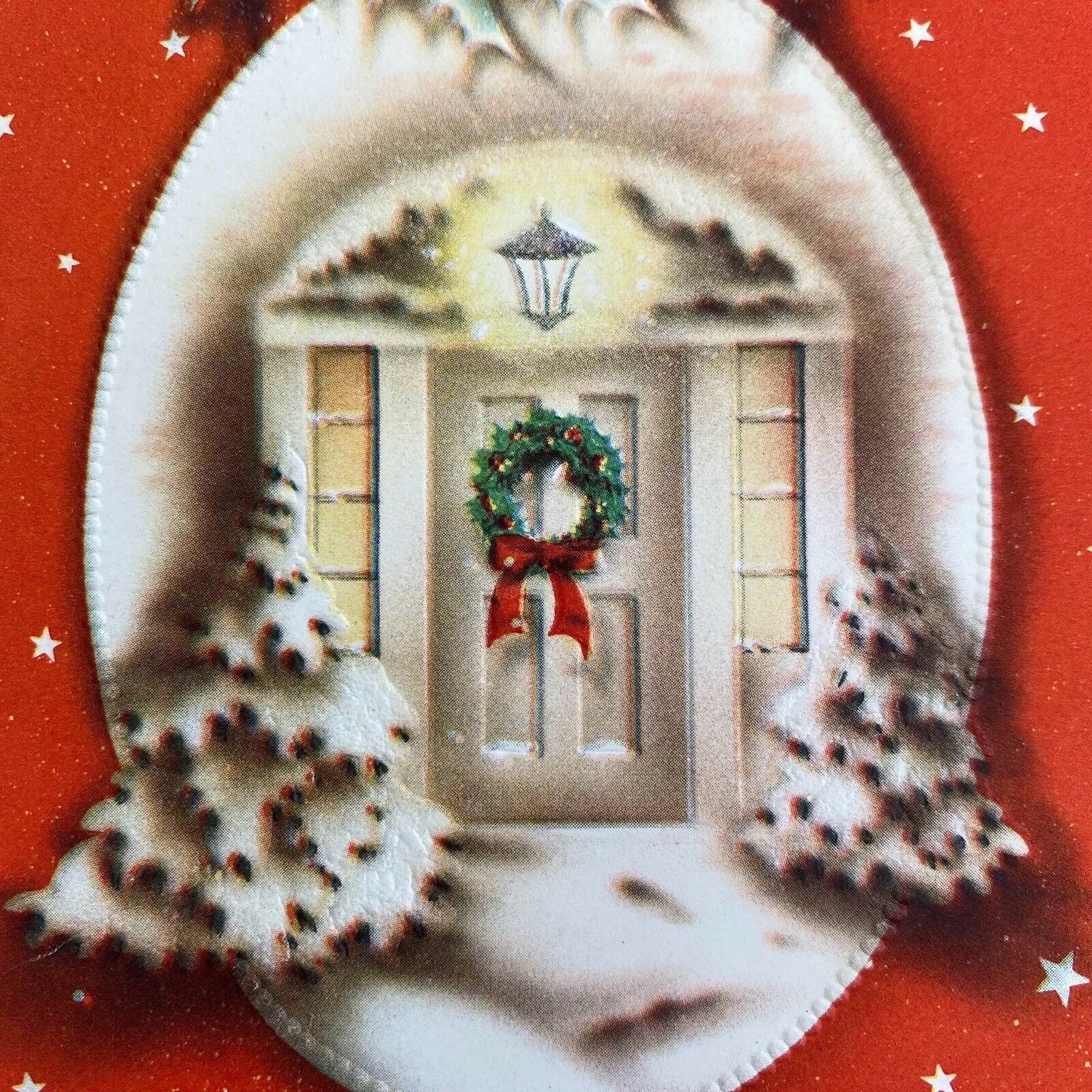 Vintage Mid Century Christmas Greeting Card Pretty Red White Doorway With Wreath