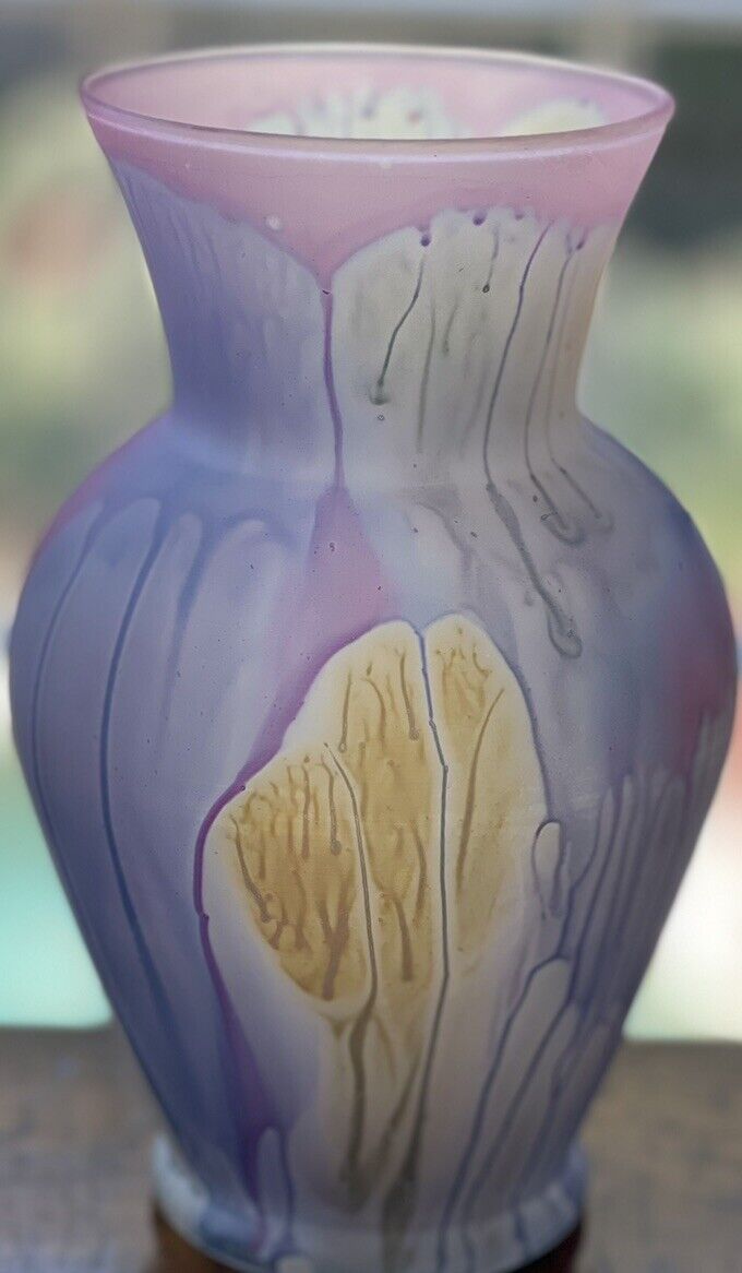Vintage 7” Rueven Satin Glass Art Nouveau Vase USA, Hand Crafted Art Glass