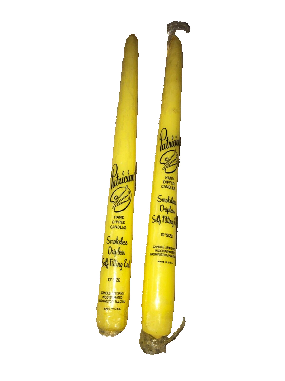 Vintage Patrician Smokeless Hand Dipped 10”  Yellow Taper Candles Set (2) Yellow
