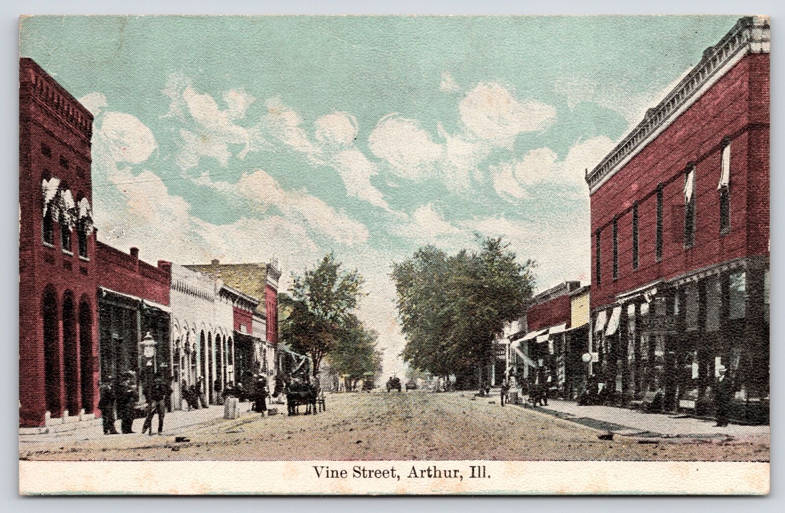 Arthur Illinois~Busy Vine Street~Shoppers~Horse Buggies~Dirt Road~1910 Postcard