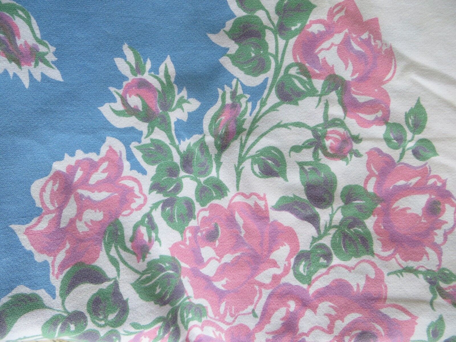 Vintage Tablecloth-PINK ROSES-Blue Border-48x48