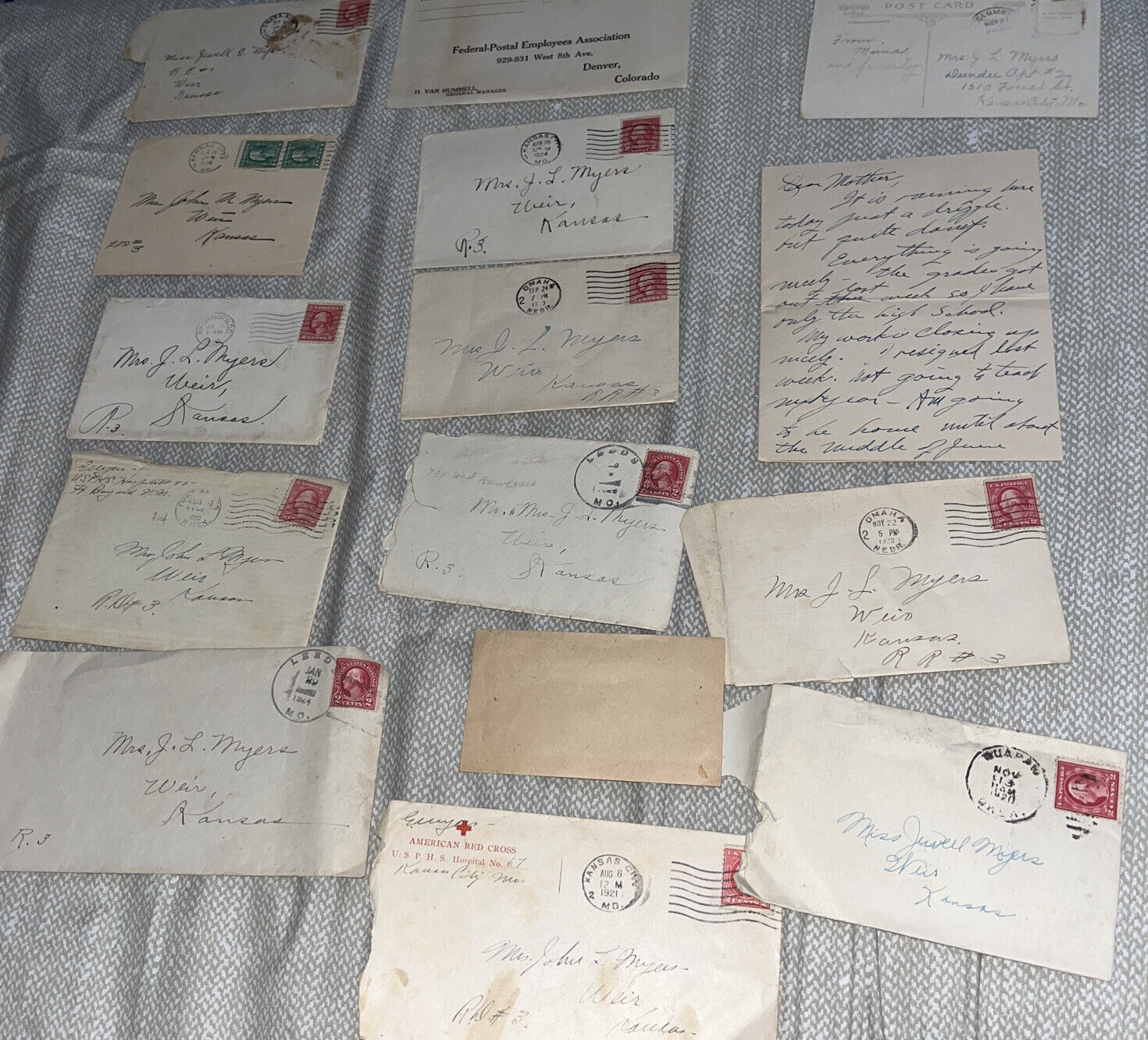 13 Envelopes, 11 With Antique 1920s Postmarks + Letter Home to Kansas + Postcard