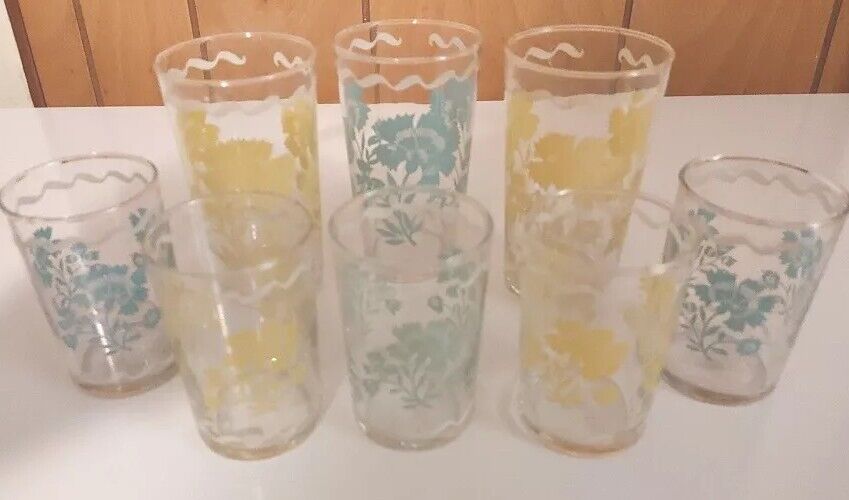 Rare Vintage MCM Juice Glasses Clear Floral Yellow and blue Set Of 3 8oz & 5 4oz