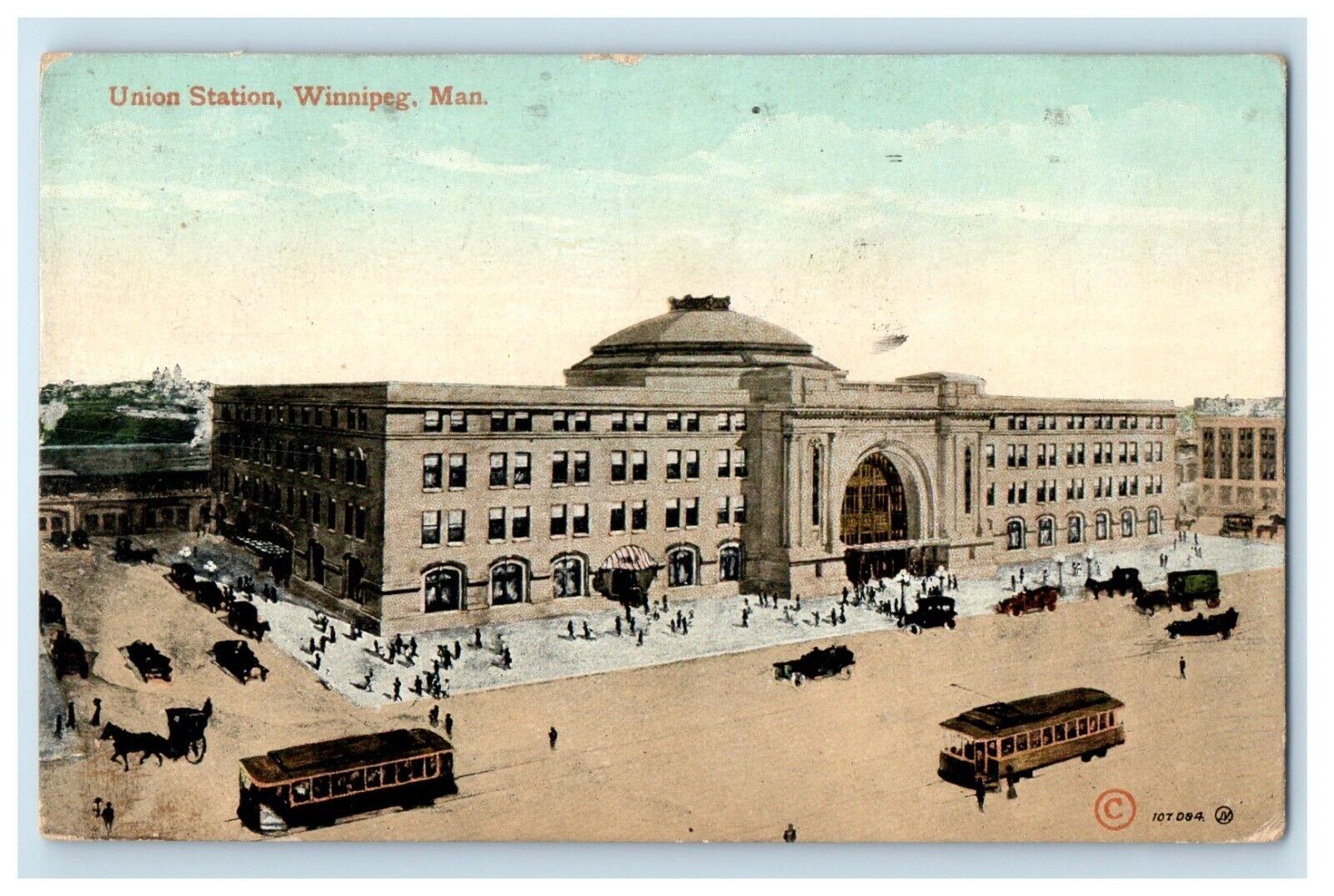 1912 Union Station Building Trolley Winnipeg Manitoba Canada Antique Postcard