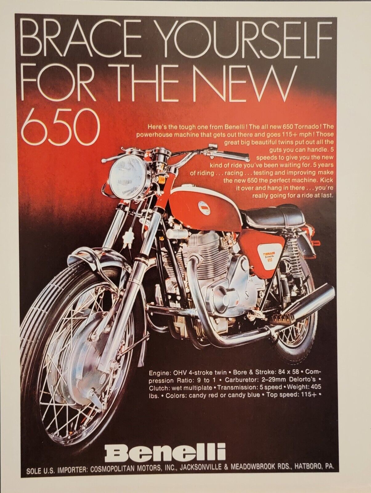 1971 Benelli 650 Original Motorcycle Print Ad