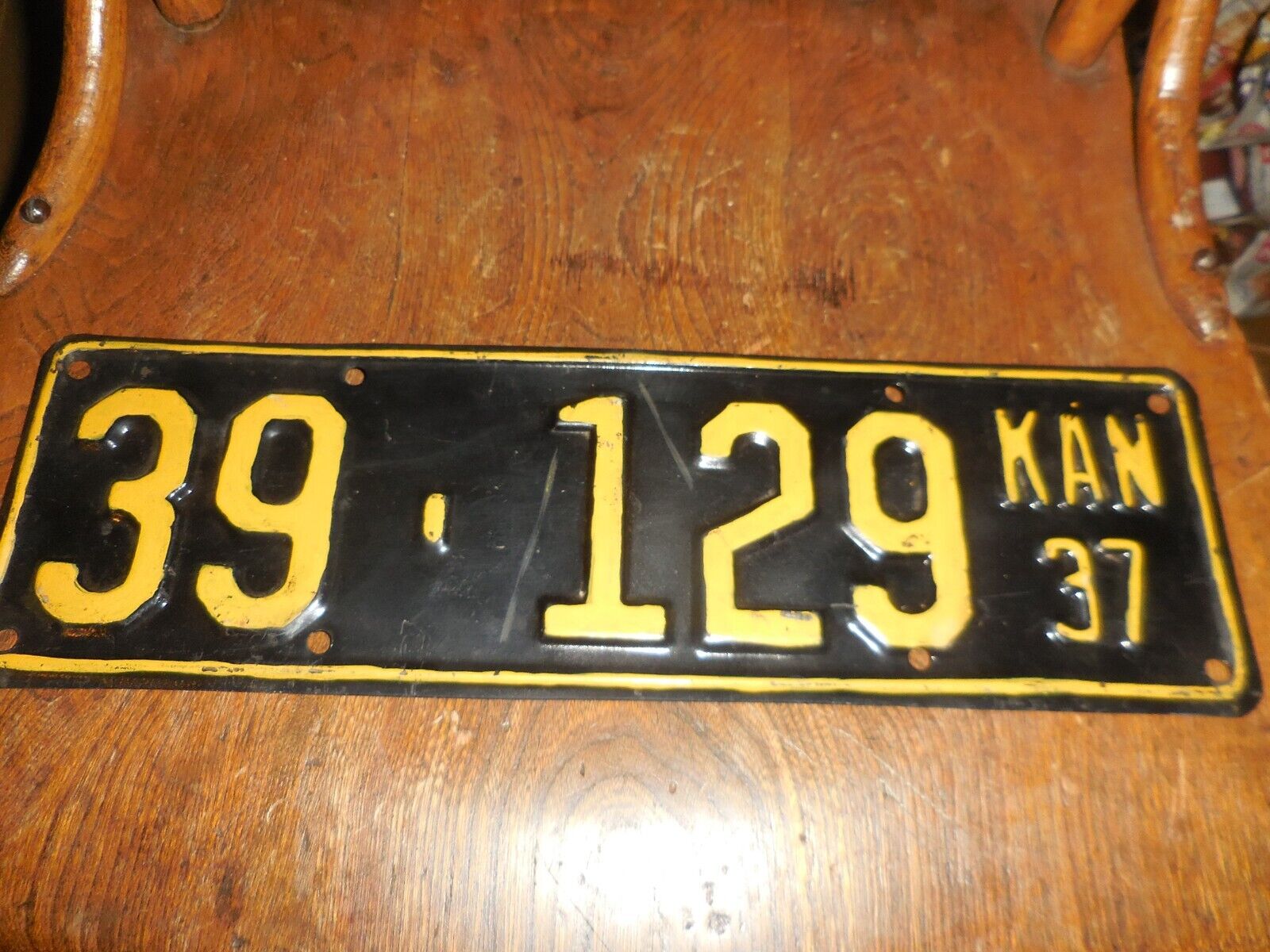1937 Kansas License Plate Car Tag Antique Expired #39~129 We're not in KansasOz