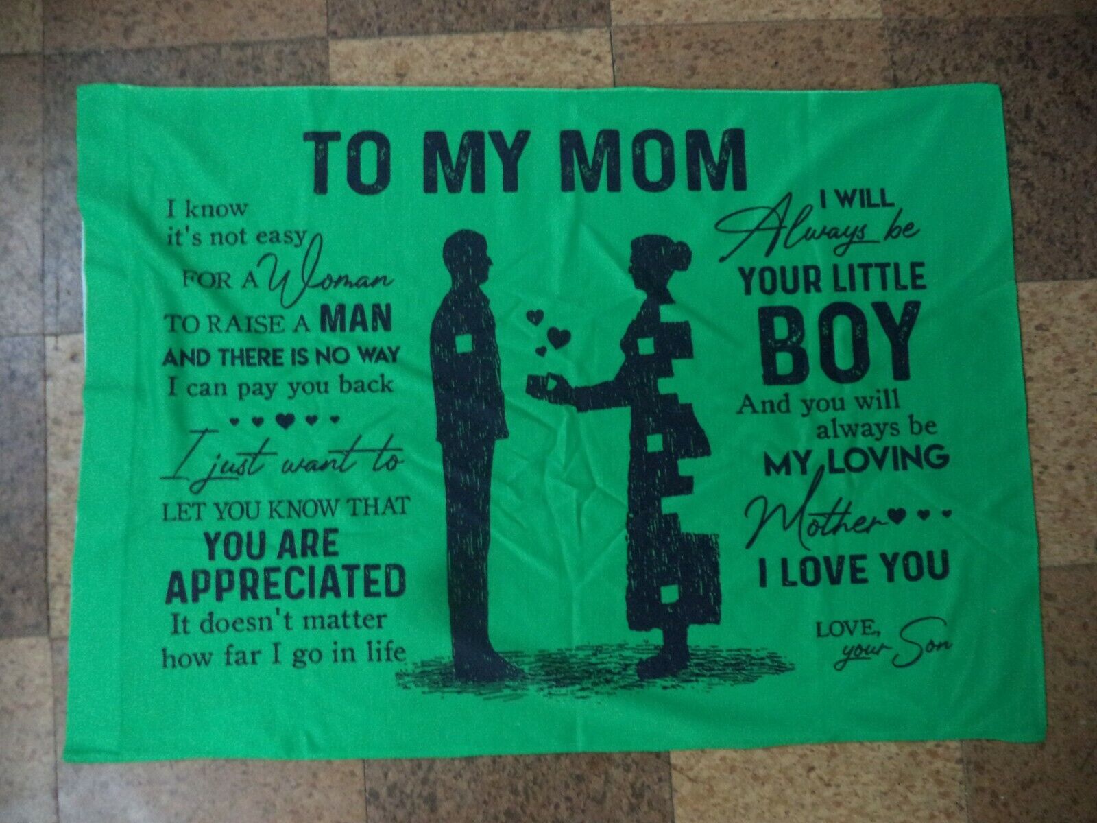 To My Mom Pillowcase 30” W x 21” H Green w Black Print Poly DyeTrans Fabrics NIP
