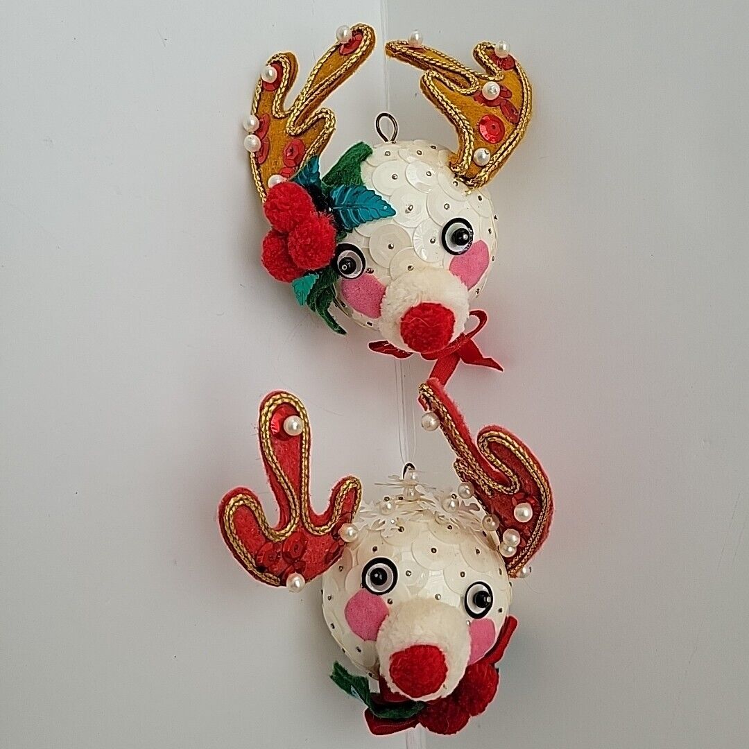 Set 2 VTG Reindeer Handmade Beaded Sequin Push Pin Christmas Ornament Felt HTF 
