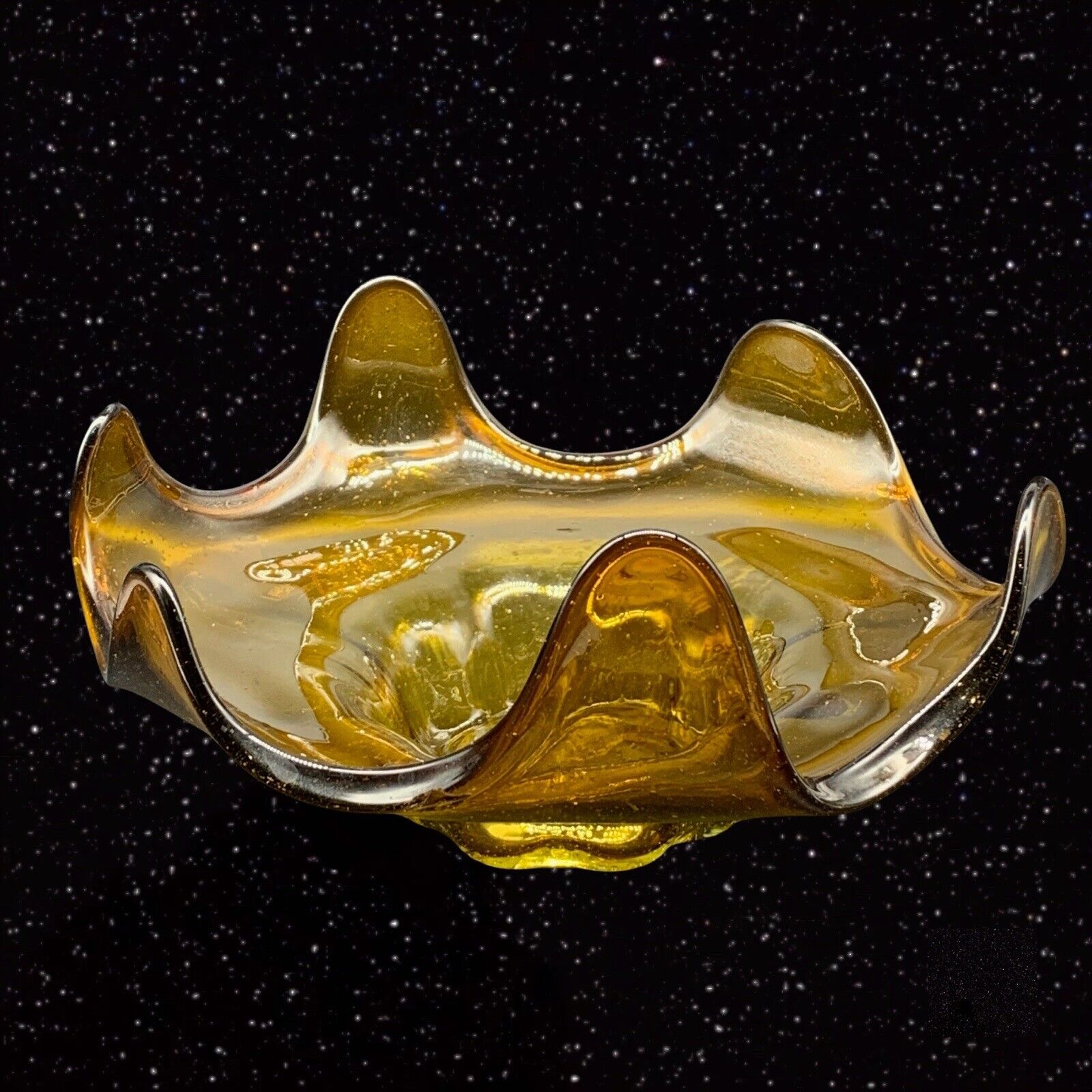 Vintage Art Glass Amber Hand Blown 6 Petal Centerpiece Dish Bowl 4.5”T 10”W