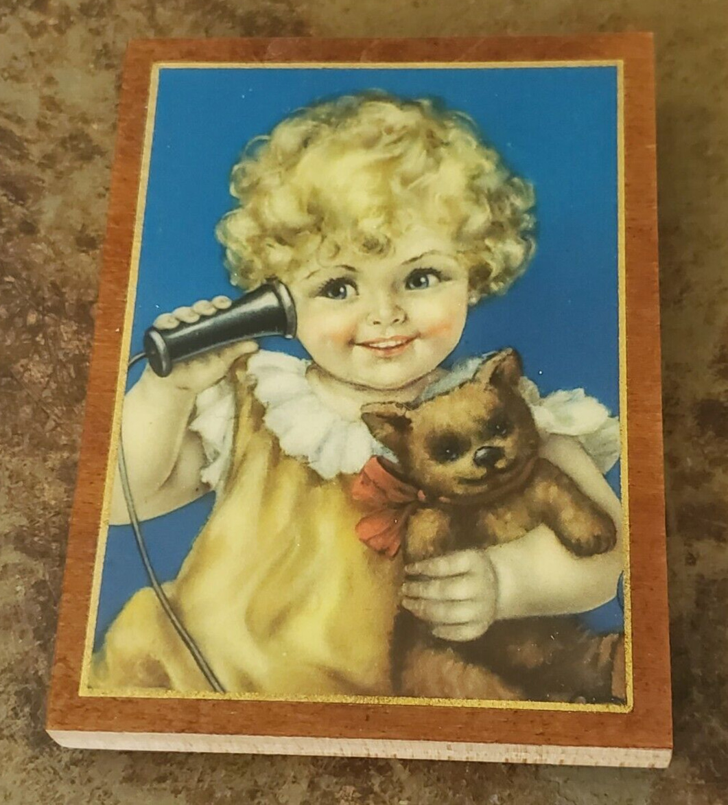 Kitsch Antique VTG Print on Wood Charlotte Becker Always Busy Girl Teddy Phone 