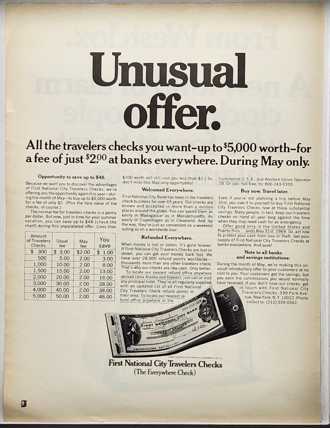 1972 First National City Travelers Checks Unusual Offer Vintage Print Ad