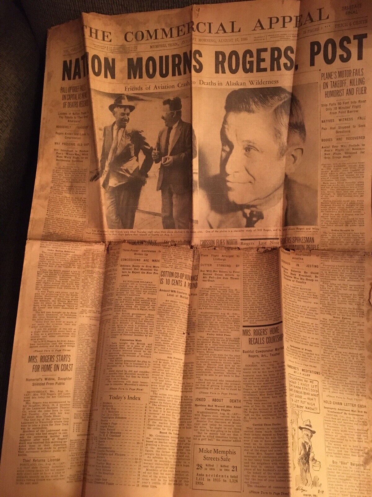 Vintage 1935 Newspaper Death Of Will Rogers