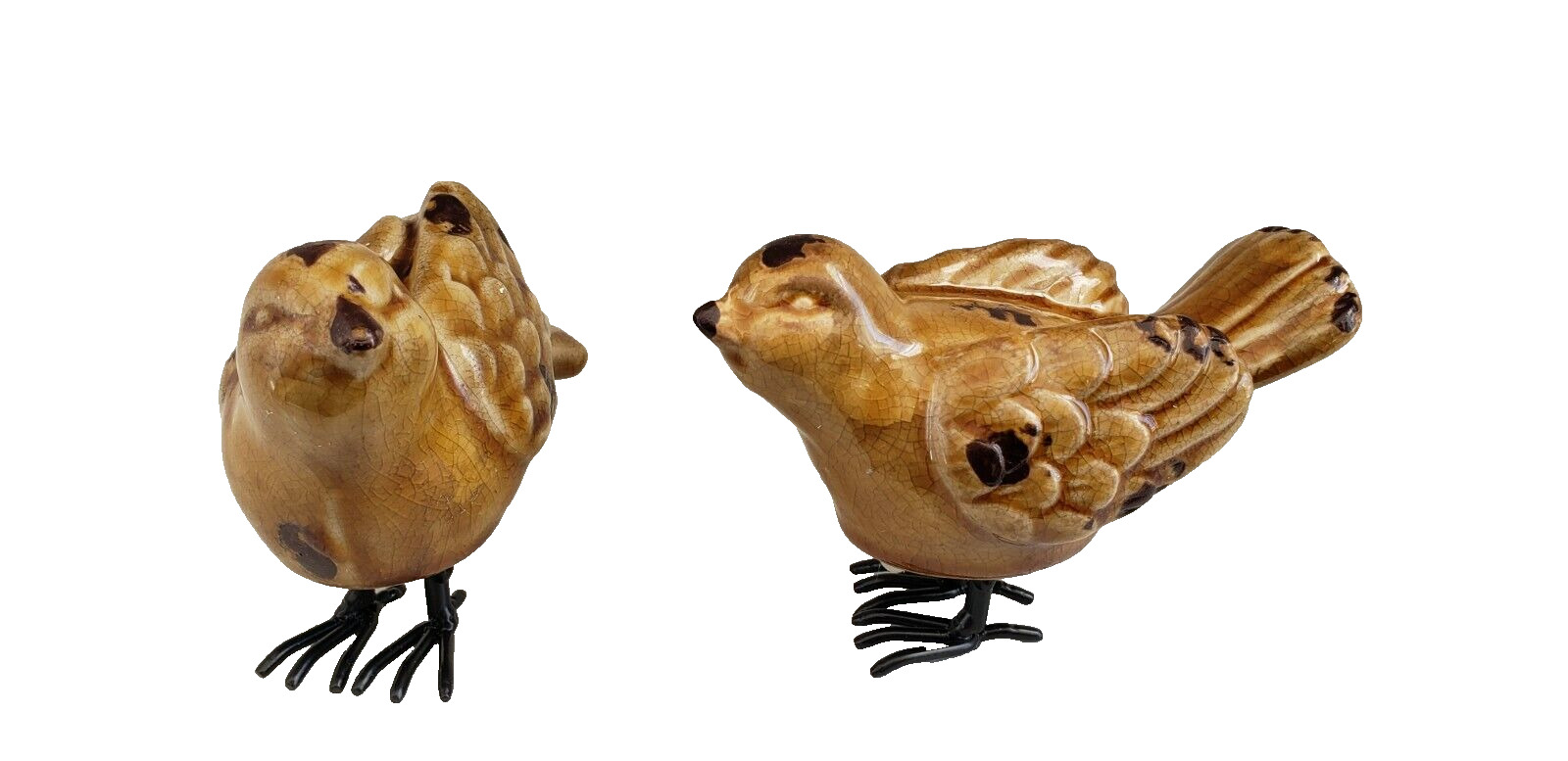 Lot of 2 Ceramic Bird Figurines Brown Distressed Glaze Farmhouse Country Decor