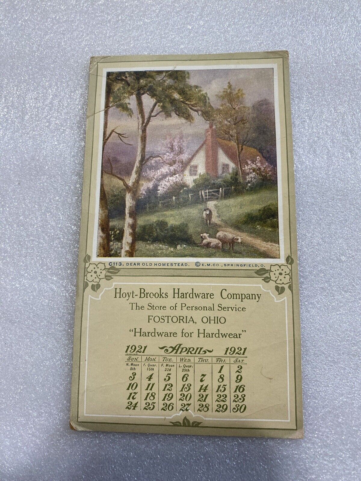 Vtg 1921 Hoyt Brooks Hardware Co Fostoria Ohio Advertising April Calendar Card