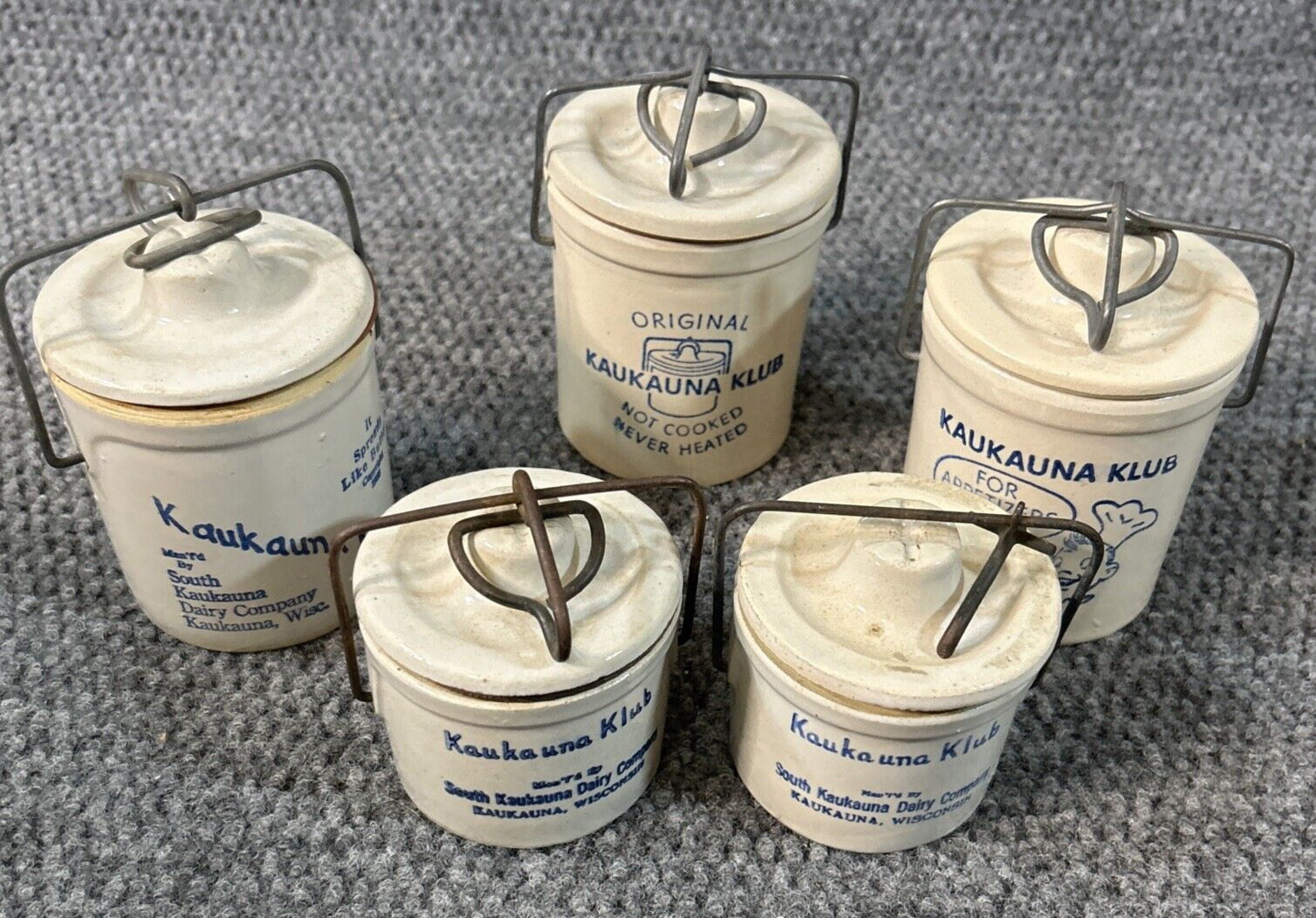 Vintage Kaukauna Klub Stoneware Cheese Crock Lot w Lids