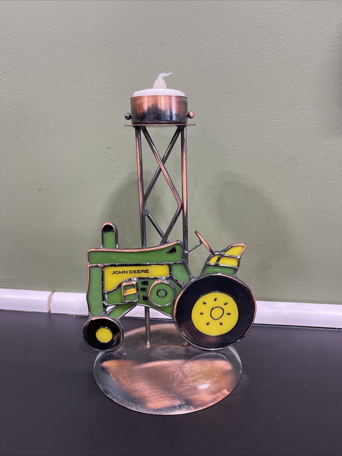 John Deere Stained Glass Tractor And Metal Tea Light Holder