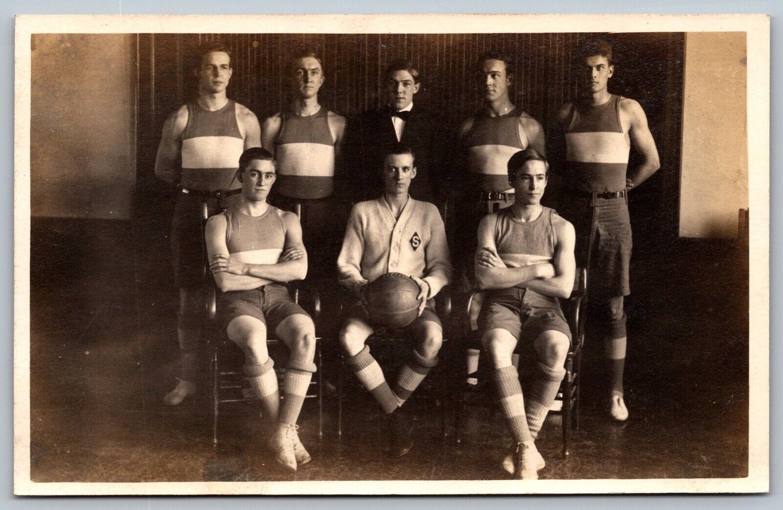 1910s Studio RPPC Group Handsome Young Men Basketball Championship Postcard H7