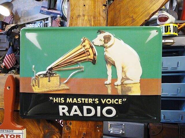 Old Advertising 3D Meal Sign HMV Nipper w/Radio Victor Dog Tinplate 7.9 x 12in 