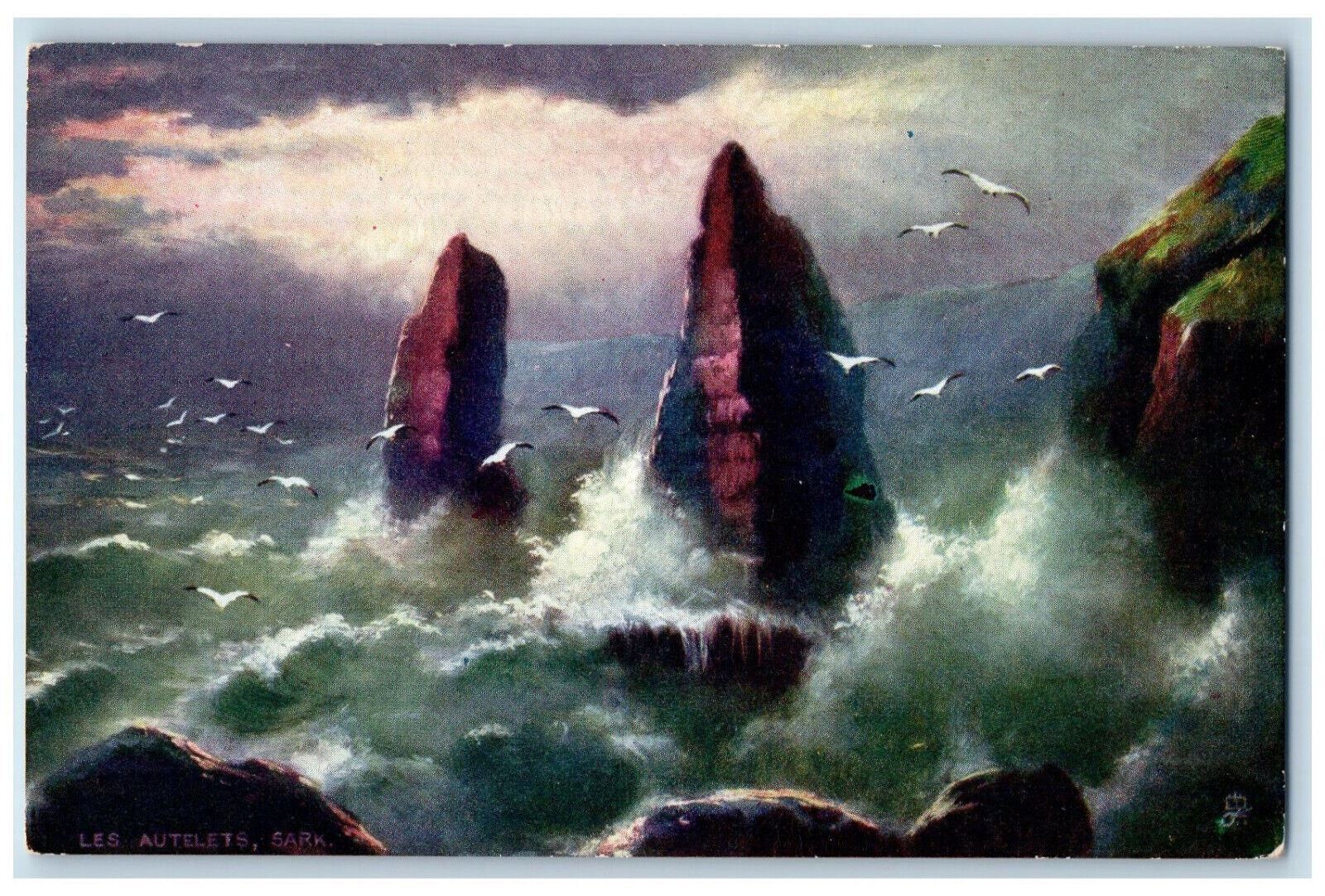 c1910 Les Autelets Sea Wave Birds Channel Island Oilette Tuck Art Postcard