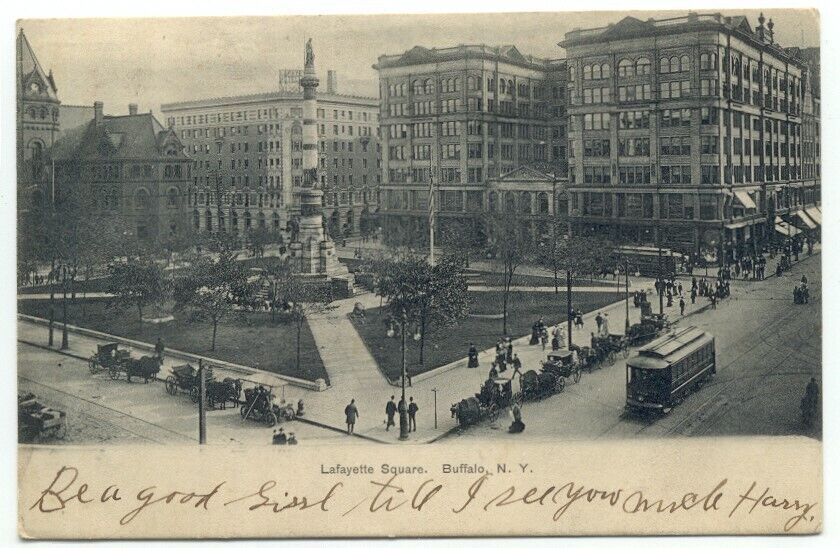 Buffalo NY Lafayette Square Old Cars Trolley c1906 Postcard New York