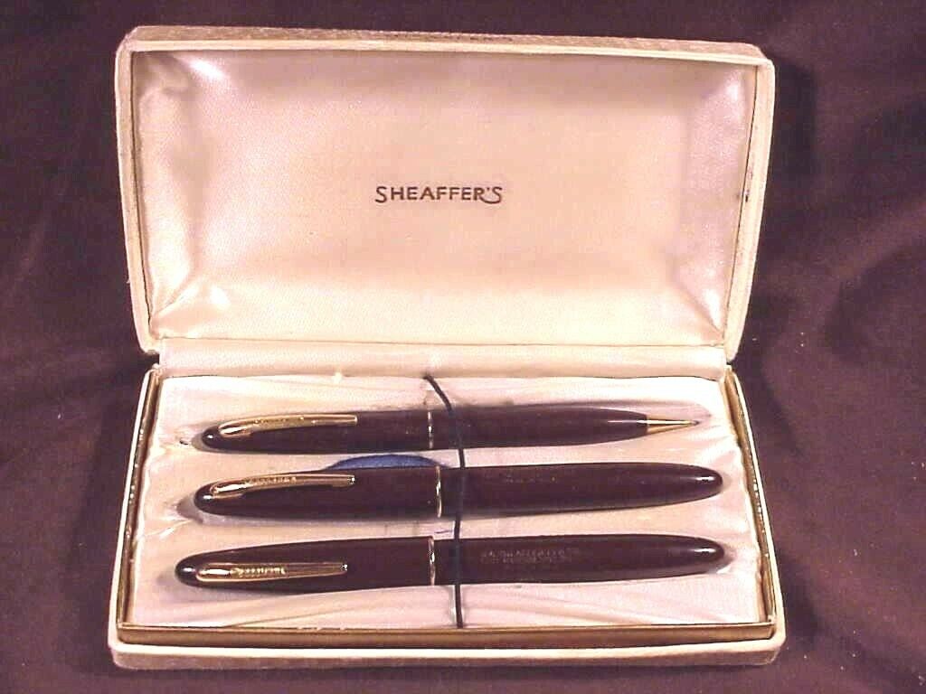 #SHEAFFER FEATHERTOUCH, 3 PC SET, BROWN, WIRE CAP BANDS, LF, GFT, ORIG BOX c1948