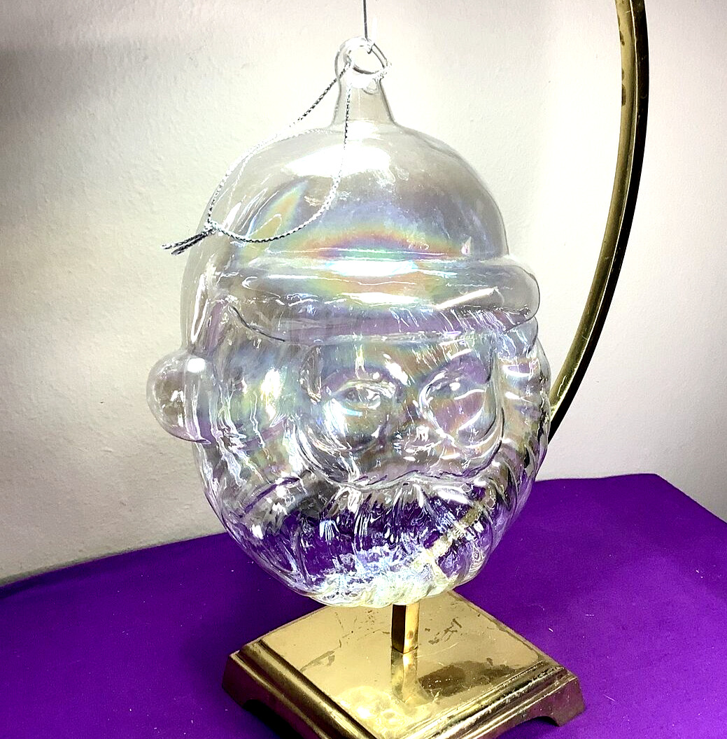 1980s RARE Large Clear Iridescent Art Glass SANTA HEAD Ornament      703