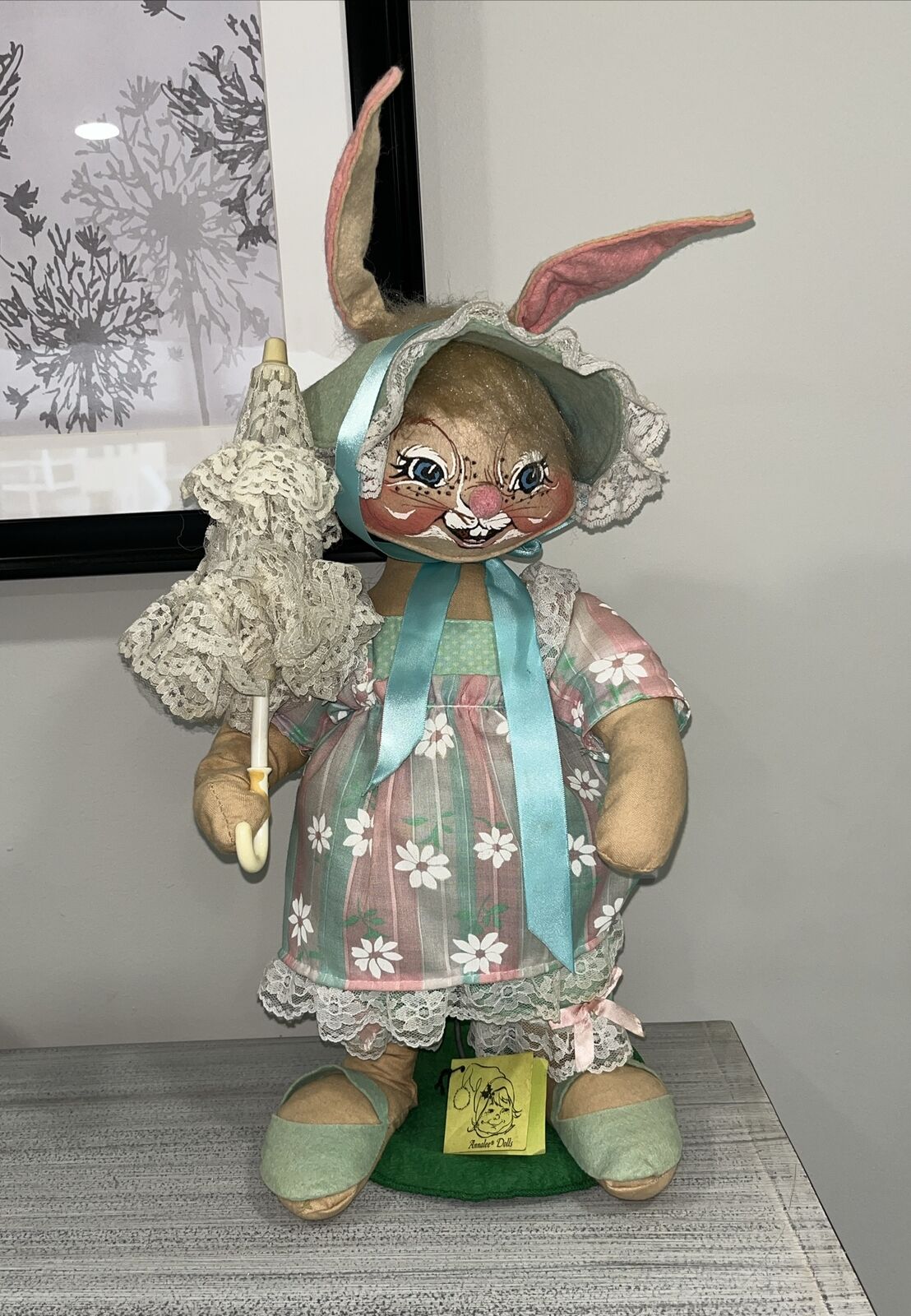 Vintage Annalee White Rabbit EASTER BUNNY Parasol & Stand 20” Felt Doll 1993