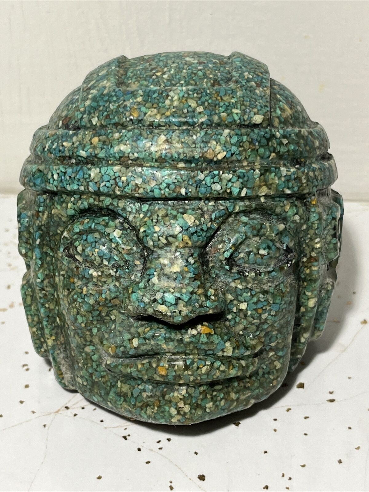 Vintage Mini Mexican Olmec Resin and Crushed Malachite Head, Circa 1960s Rare A1