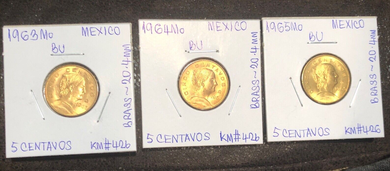 1963,1964,1965  Mexico 5 Centavos Set Of 3 UNCIRCULATED Brass Coins-KM#426
