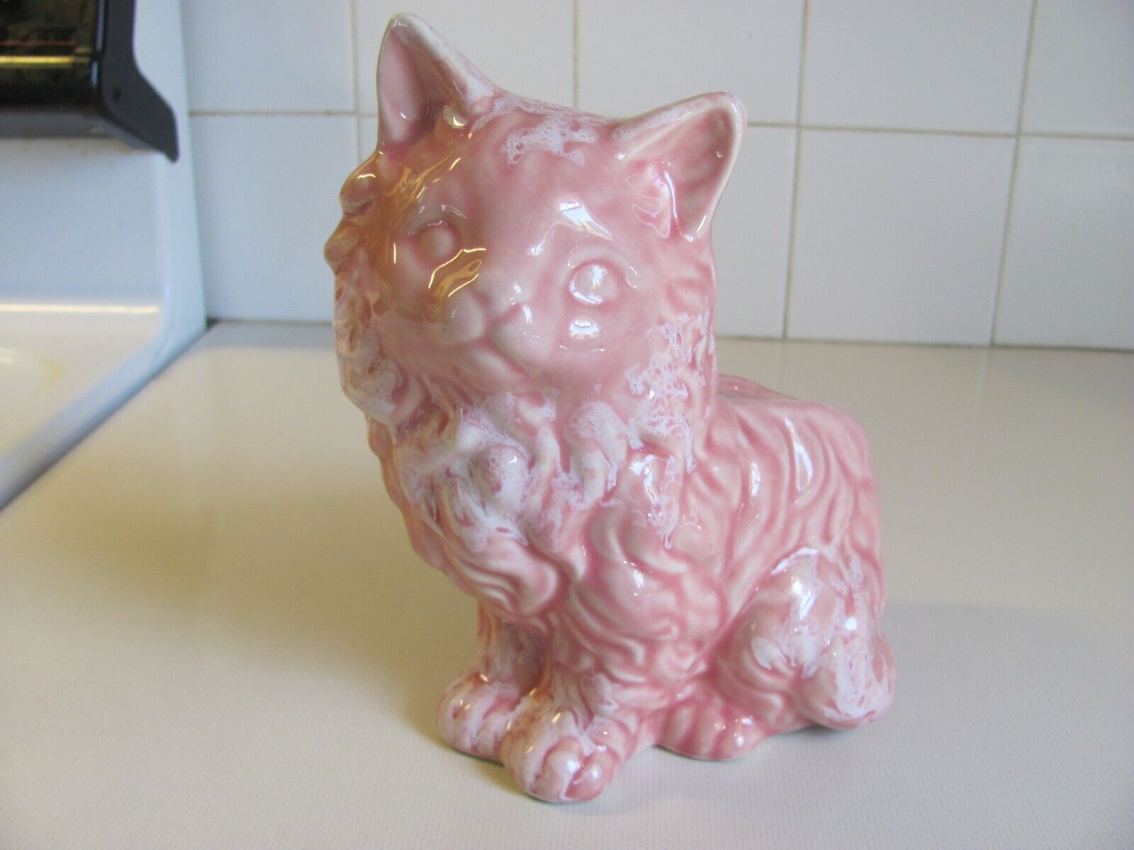 Vintage Pink Cat Planter with White Lacy Overlay Paint