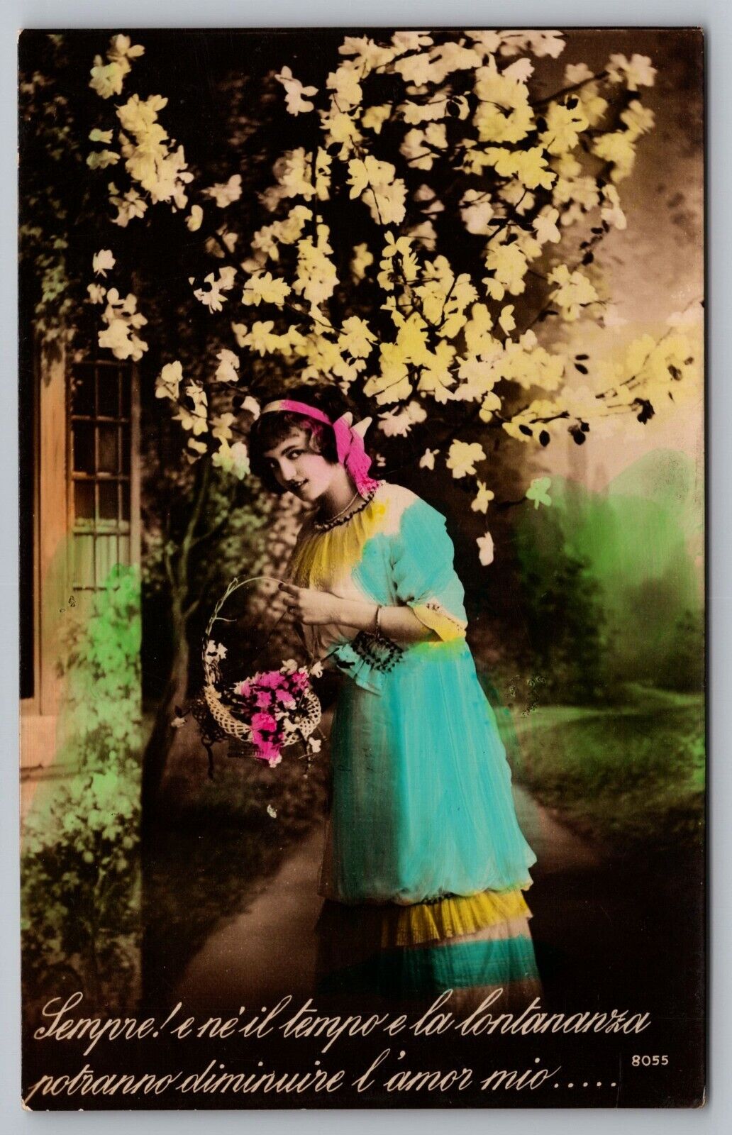 RPPC Postcard Fotocelere Beautiful Woman Basket of Flower Romantic Love