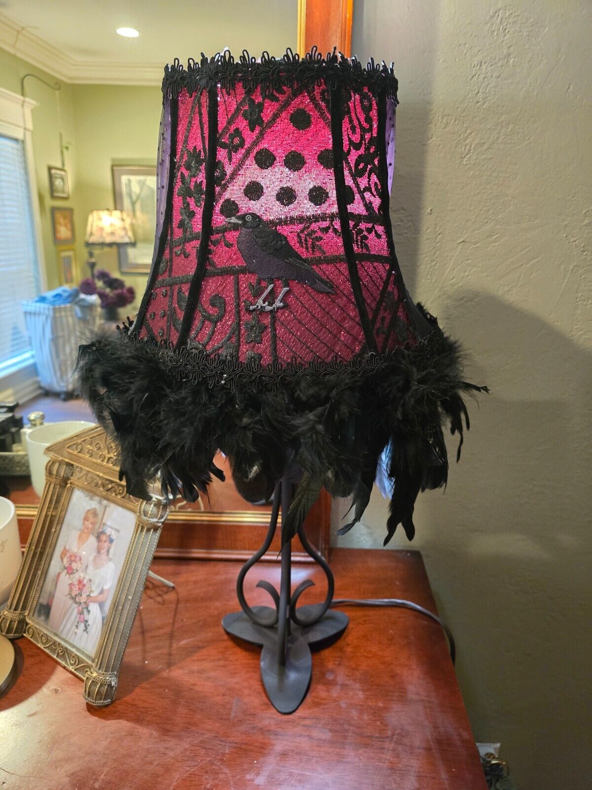 Whimsical Gothic Dark Academia Style Victorian Lamp and Shade with Crow and Lace