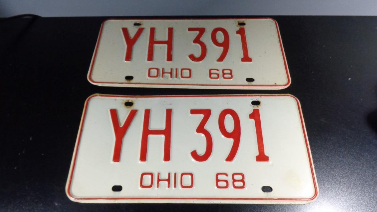 PAIR ~ YH 391 ~ 1968 \'68 OHIO EMBOSSED METAL LICENSE PLATES RED & WHITE