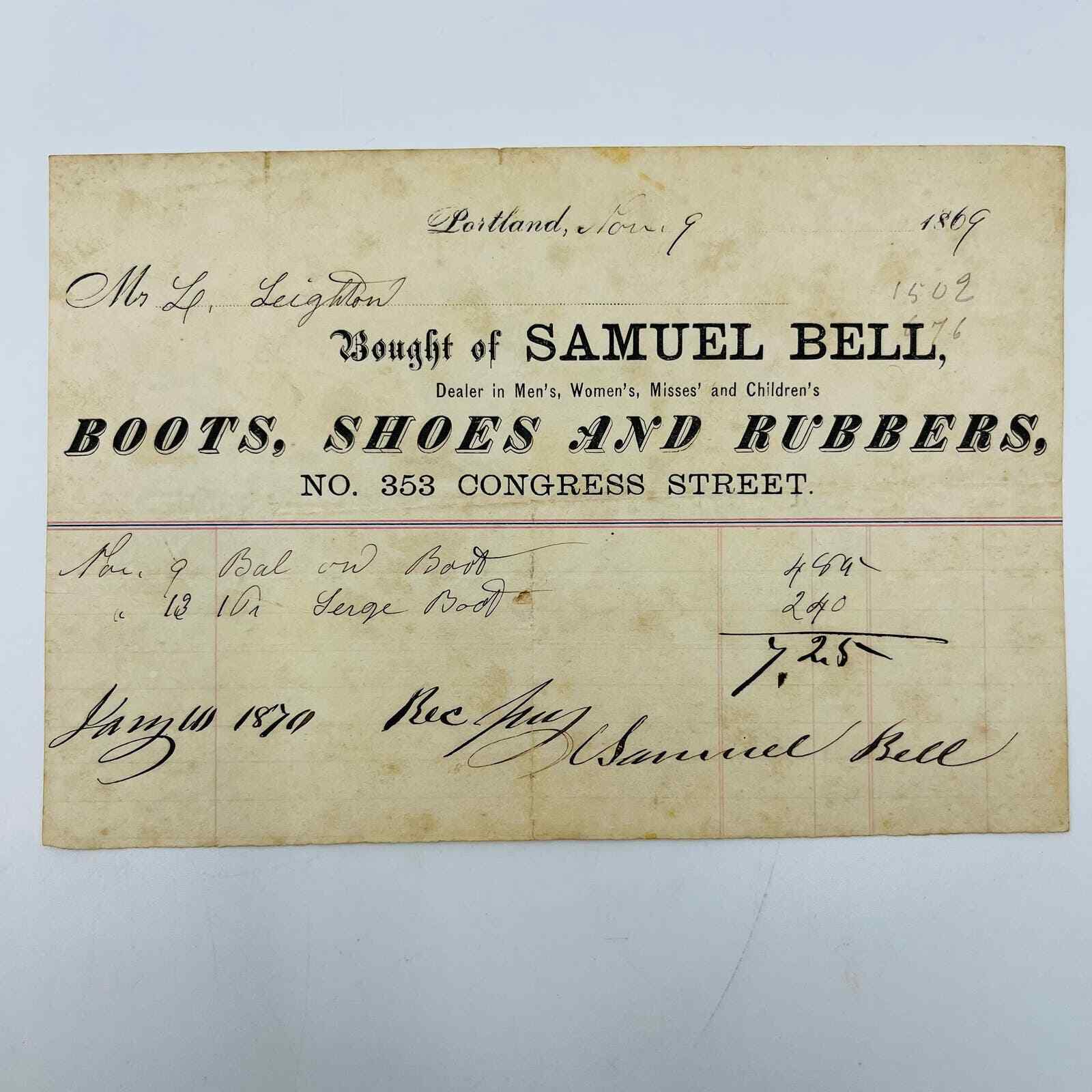 1869 Samuel Bell Boots Shoes Rubbers Portland ME Letterhead Billhead AA5