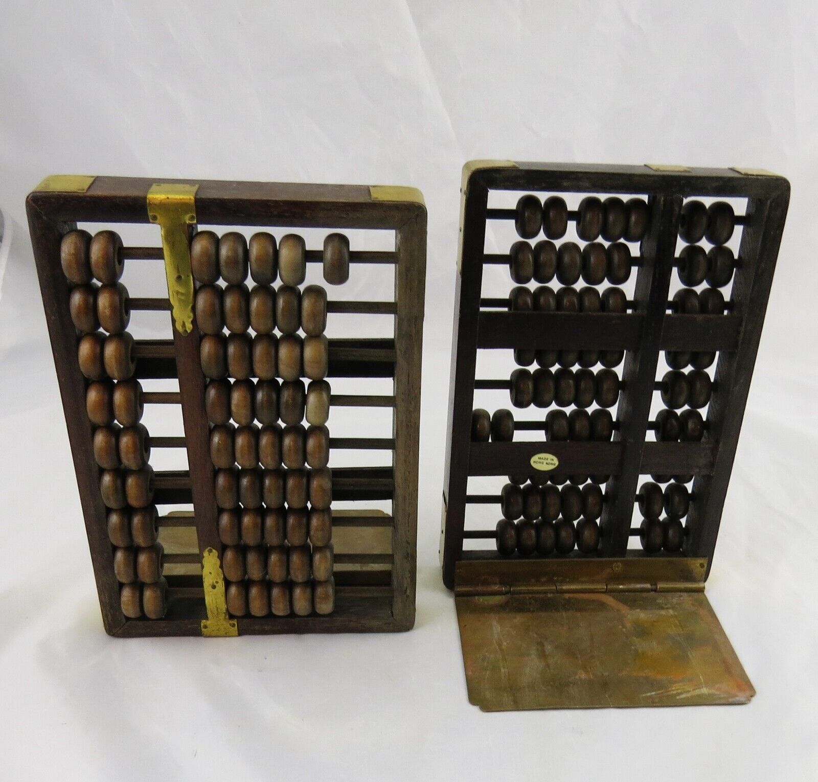 MCM Pair Chinese Wood & Brass Abacus Folding Bookends Hong Kong