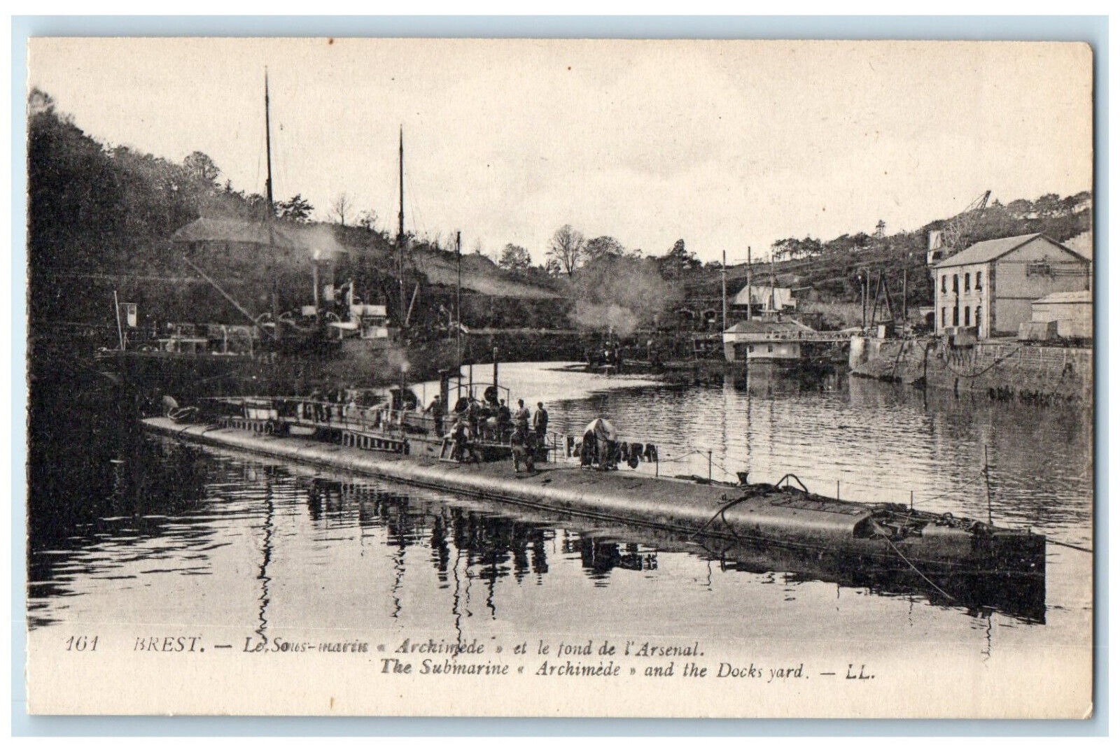 c1910 The Submarine Archimede and the Dock Yard Brest France Antique Postcard