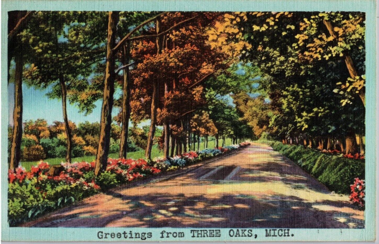 Postcard Greetings from Three Oaks Michigan c1938