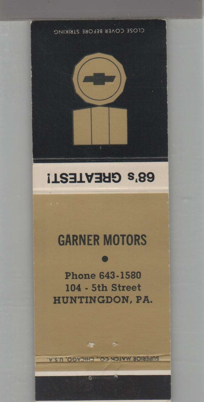 Matchbook Cover - 1968 Chevrolet Dealer - Garner Motors Huntingdon, PA