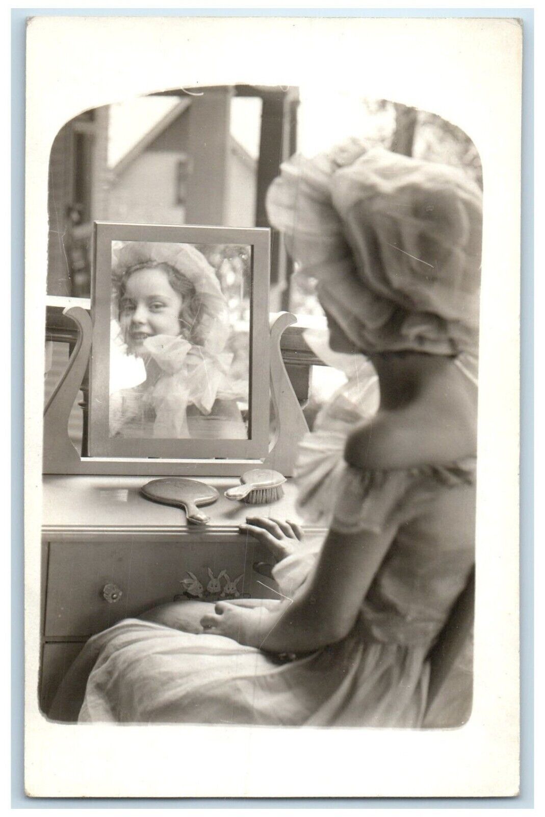 c1930's Cute Girl Bunny Rabbit Dresser RPPC Photo Unposted Vintage Postcard