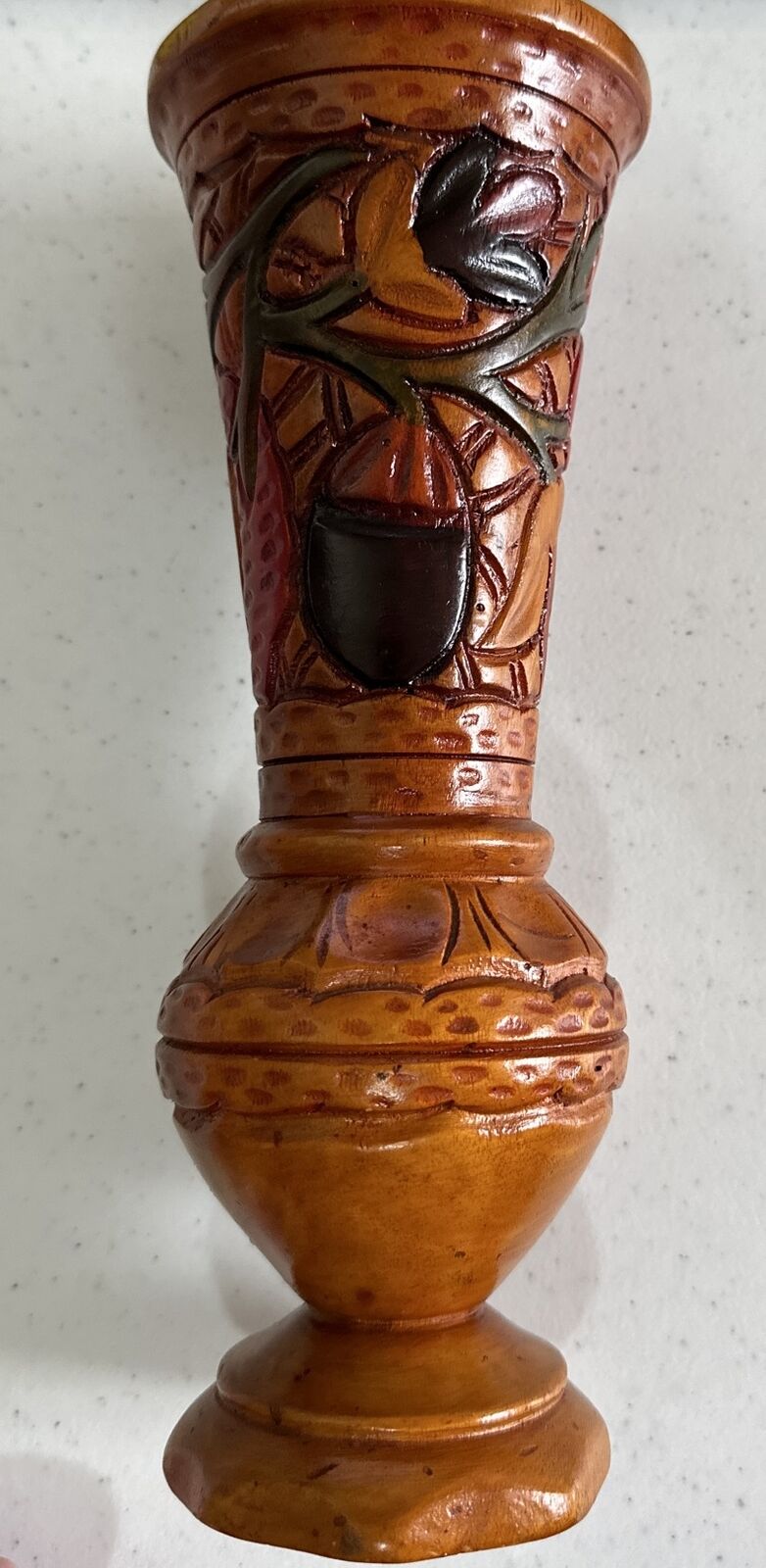 Hand Carved Etched Wooden Color Pedestal Vase Floral Botanical Design 10” $45